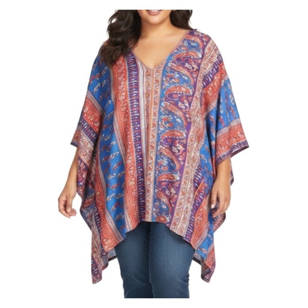 LILY By FIRMIANA Multicolor PAISLEY PRINT V-Neck FLOWY CAFTAN/BLOUSE Sz 2X